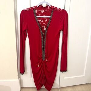Chic Red Dress with Lace and Beaded Accents
